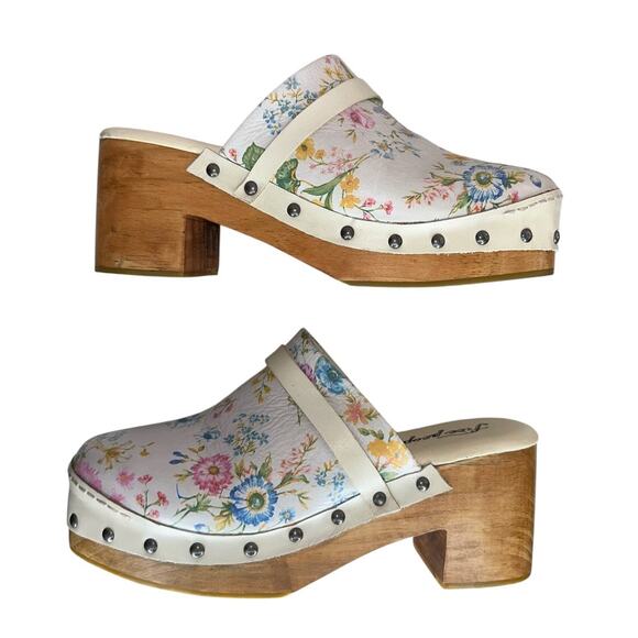 Free People Calabasas Boho Floral Round Toe Wooden Heel Clogs Shoes Size 38 - Picture 8 of 12